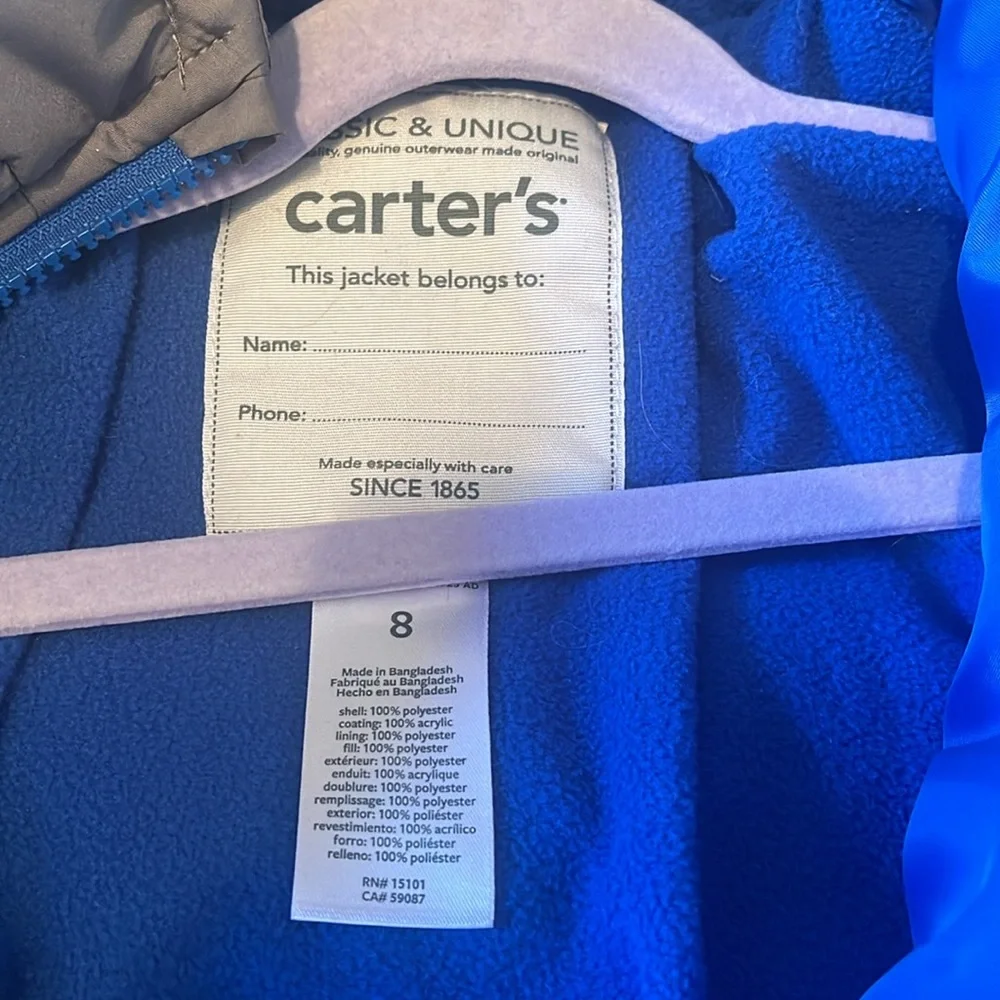 💚 Carters Full Zip Fleece Lined Hooded Puffer Jacket